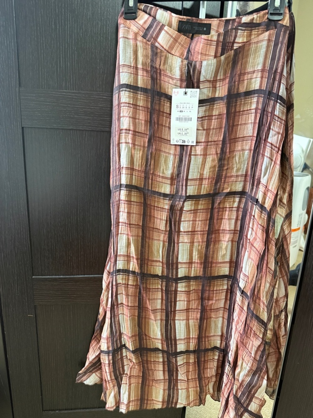 Plaid Brown Tiered Midi Skirt